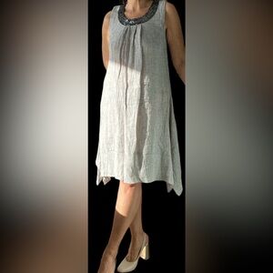 Linen blend A-line sleeveless dress with sequins on neckline Size XS, fits M EUC